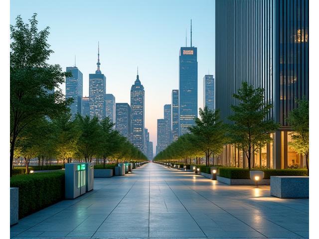 Modern city skyline with green energy solutions and recycling bins, symbolizing sustainable urban development